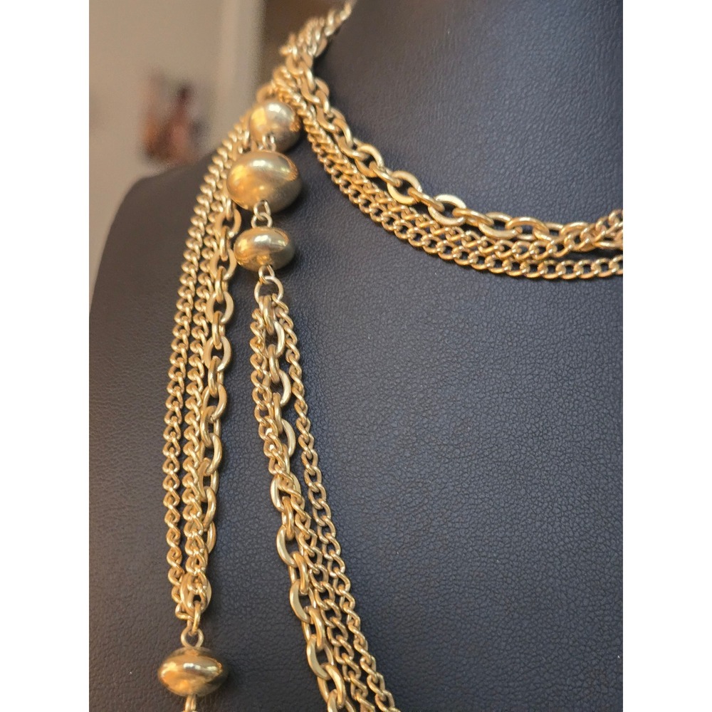 Multi-strand Goldtone Necklace Goldtone Spherical Beads Monet Style Long Vintage - Picture 4 of 4